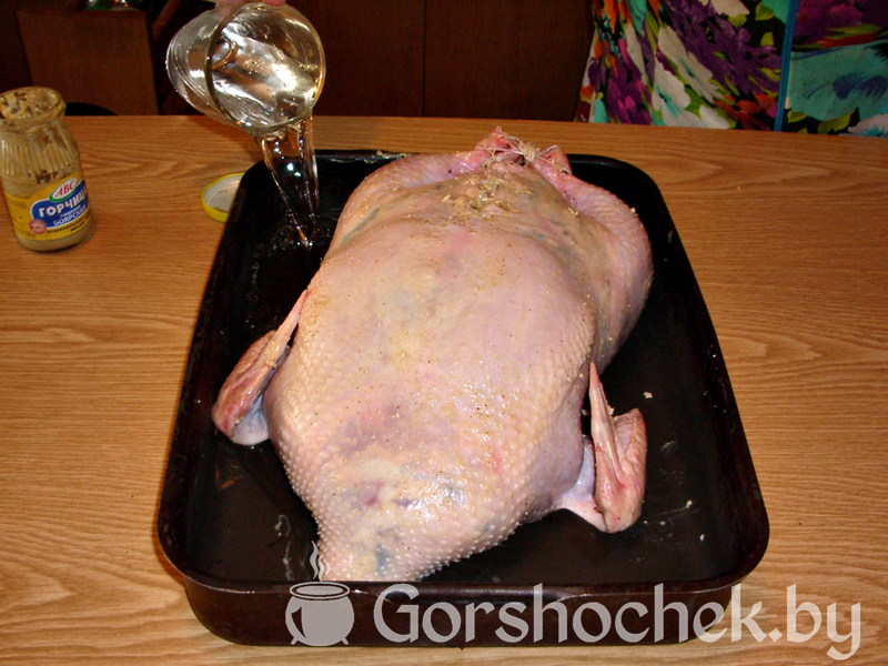 Курица фаршированная мясом, блинами и грибами добавляем стакан чистой воды в противень и ставим курицу запекаться в духовку